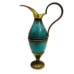 Vintage Oppenheim  Brass Pitcher Enamel Verdigris Judaica Israel Green 14”